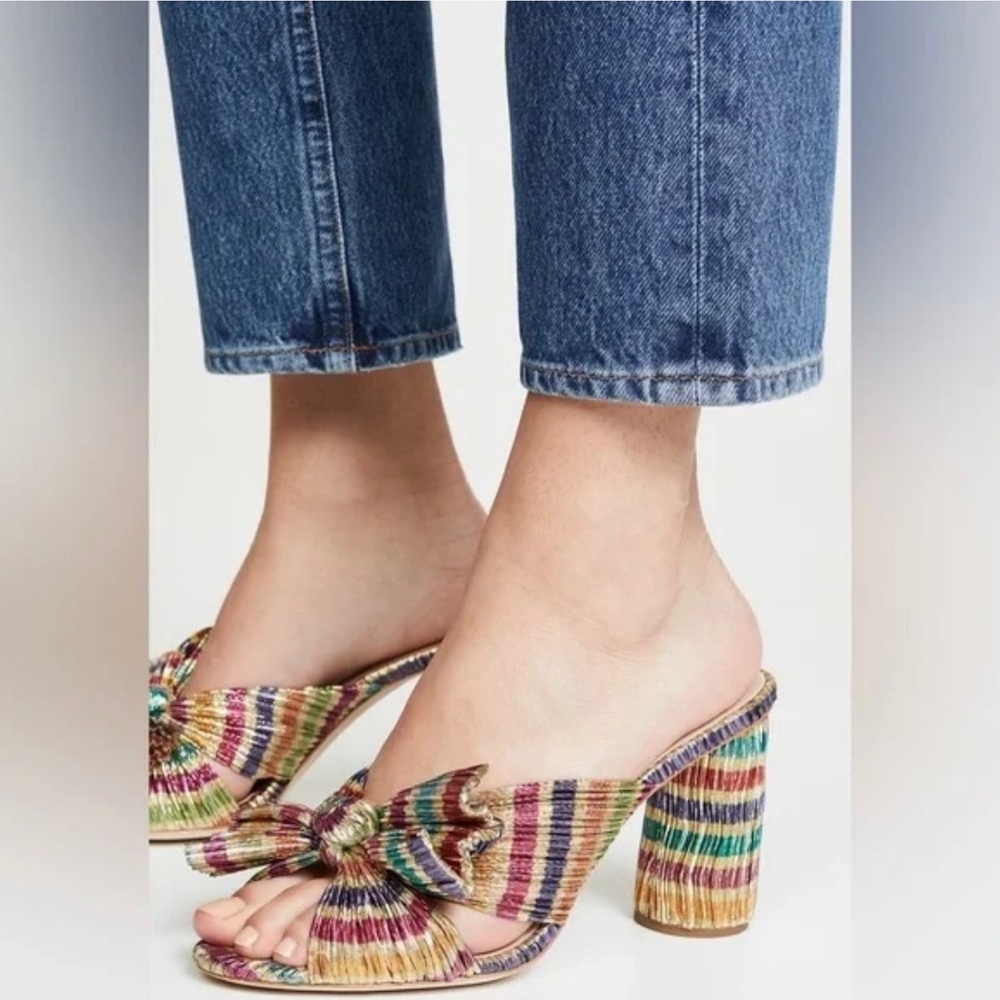 Loeffler Randall Penny Knot Mule in Candy Rainbow Gold Pleated Organza, 6.5